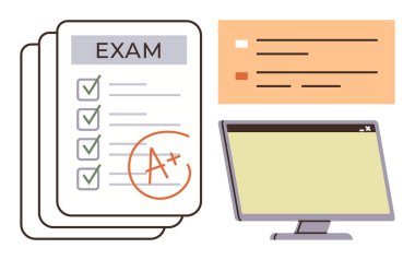 Çevrimiçi eğitim, test hazırlığı, akademik başarı, dijital değerlendirme, sertifika, uzaktan öğrenme. Bir bilgisayar ekranının yanında A notu ile tamamlanmış sınav listesi. Çevrimiçi eğitim ve test