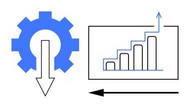 İş konsepti. İş süreci optimizasyonu bir dişli ve aşağı ok vasıtasıyla, veri odaklı büyüme grafiğiyle birleştirilmiştir. İş, veri analizi, pazarlama, takım çalışması, performans