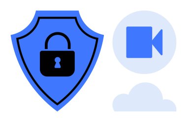 Çevrimiçi gizlilik, veri koruması, bulut depolama, güvenli iletişim, siber güvenlik araçları, sanal güvenlik. Kilitli mavi kalkan, video kamera ve bulut sembolleri. Çevrimiçi gizlilik ve veri koruması