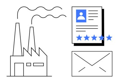 Duman yayan fabrika binası, yıldız reytingli iş başvurusu ve e-posta simgesi. İş başvurusu süreci için ideal, işe alım, iletişim, imalat, işe alım, e-posta endüstriyel işlemler