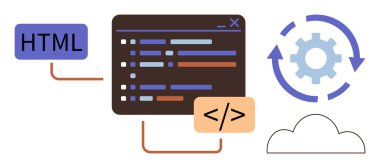 Web geliştirme, yazılım tasarımı, bulut hesaplama, kodlama, otomasyon, teknoloji. Bir kod düzenleyici arayüzü, HTML etiketleri bulut simgesi ve dişli okları. Web geliştirme ve yazılım tasarımı kavramı