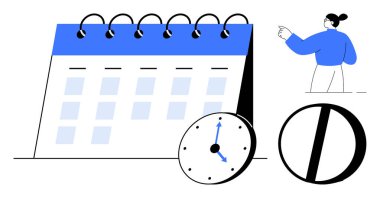 Zaman yönetimi, programlama, verimlilik, organizasyon, planlama, teslim tarihleri. Spiral takvim, saat ve işaret eden kişi. Kişisel ve profesyonel bağlamlarda zaman yönetimi ve zamanlaması