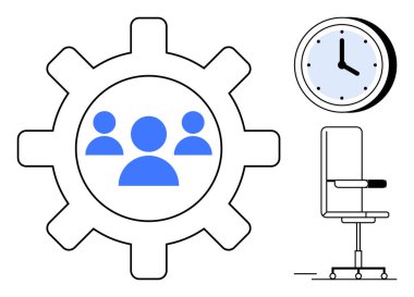 İşbirliği, iş verimliliği, verimlilik, zaman yönetimi, ofis işleri, organizasyon. Grup simgesine sahip vites, saat ve sandalye minimalist tarzda. İşbirliği ve iş verimliliği kavramı