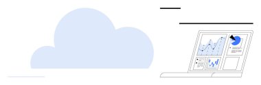 Bulut teknolojisi, veri görselleştirme, dijital analitik, teknolojik çözümler, iş stratejisi, bulut depolama. Bir dizüstü bilgisayarın yanında veri tabloları gösteren bir bulut simgesi. Bulut teknolojisi ve veri