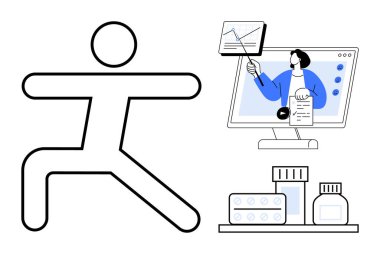 Sağlık konsepti. Fiziksel aktivite simgelerinin karışımı ile sağlıklılık, sağlıklı alışkanlıklar ve tıbbi malzemeler üzerine sanal öğrenme. Fitness, sağlık eğitimi, sağlık hizmetleri, kişisel bakım hizmetlerinde refahın arttırılması