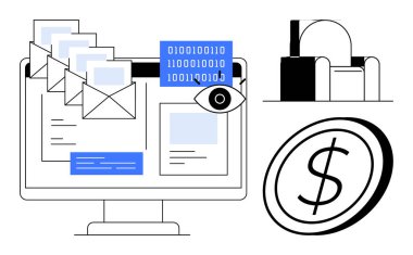 Siber güvenlik, dijital bankacılık, veri yönetimi, e-ticaret, bilgi gizliliği, finansal işlemler. Mailleri, ikili kodları ve dolar sembolü olan bilgisayar ekranı. Siber güvenlik ve dijital