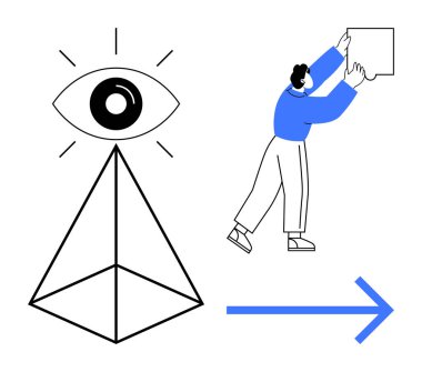Vizyon konsepti. Göz, piramit ve insan figürünün bir tahtayla etkileşimi. Vizyon sembolizmi yaratıcılığa, ilerlemeye ve takım çalışmasına ilham verir. Strateji ve liderlik eğitimi için