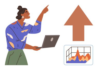 İş stratejisi, analitik, finansal planlama, pazarlama büyümesi, performans takibi, veri görselleştirmesi. Dizüstü bilgisayarı tutan ve yukarıyı gösteren bir kadın. İş stratejisi ve analitik kavramı