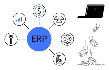İş yönetimi, kaynak planlaması, finans sistemleri, teknoloji entegrasyonu, süreç otomasyonu, verimlilik optimizasyonu. Altı ikonlu mavi ERP merkezi ve bozuk paralı dizüstü bilgisayar. İş yönetimi
