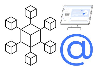 Engelleme zinciri, dijital iletişim, veri değişimi, ağ, e-posta hizmetleri, bilgi sistemleri. Basitleştirilmiş blockchain diyagramı, grafikli bir monitör ve e-posta sembolü. Engelleme zinciri ve dijital