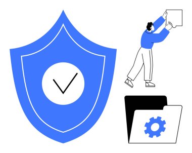 Veri güvenliği kavramı. Kalkan işaretleme simgesine sahip veri güvenliği, dosya dizini yönetimi ve işbirliği. Dijital koruma, takım çalışması ve organizasyon için veri güvenliği. siber güvenlik