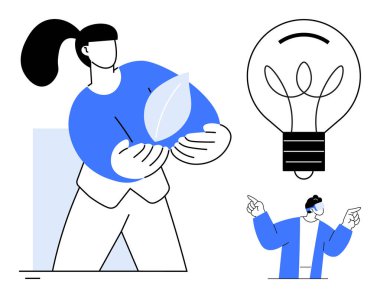 Çevresel farkındalık, yenilenebilir enerji, sürdürülebilir tasarım, yenilik, yaratıcılık, çevre dostu çözümler. Yaprak tutan kadın, ampul ve işaret eden figür. Sürdürülebilirlik ve yenilik