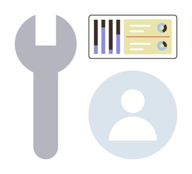 Kullanıcı yönetimi, veri analizi, hesap kurulumu, iş eğilimleri, istatistiksel raporlama, teknoloji arayüzü. Anahtar, profil simgesi ve veri tablosu olan bir alet çantası çizimi. Kullanıcı yönetimi ve veri