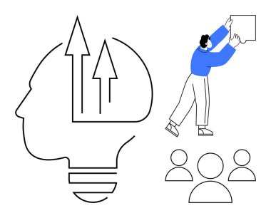 Yenilik tasviri. Bir beyin ve büyüyen oklar tarafından geliştirilen yenilik, bir grup ve işbirlikçi adam aracılığıyla takım çalışması. İş dünyasındaki yenilik, yaratıcılık, takım çalışması, eğitim ve sorun çözmedeki yenilik