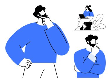 Düşünme konsepti. Düşünceli pozlar veren bireyler ve teknoloji, yaratıcılık ve problem çözme ile çalışmalar. Düşünmek yenilik ve analizi teşvik eder. Eğitim, iş, yaratıcılık için