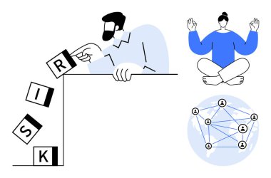 Risk yönetimi, farkındalık, ağ oluşturma, denge, esneklik, kişisel gelişim. Bir adam düşen risk bloklarını engeller, bir kişi meditasyon yapar ve küresel bir ağ bireyleri birbirine bağlar. Risk yönetimi