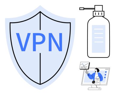 VPN konsepti. VPN güvenliği online verileri ve kişisel mahremiyeti korur. VPN, sağlık hizmetlerinde veya dijital ortamda güvenli iletişim sağlar. Siber güvenlik, uzak çalışma, sağlık ve eğitim için