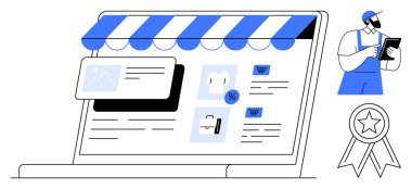 E-ticaret, çevrimiçi alışveriş, perakende satış, dijital işletmeler, küçük işletme pazarlaması, müşteri deneyimi. Mağaza önü, ürünler, teslimatçı ve kurdele ikonlu dizüstü bilgisayar ekranı. E-ticaret