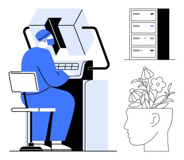 Fütürist bilgisayar kullanan bilim adamları, sunucu yığını ve insan kafasından çıkan çiçek büyümesi. Yenilik, araştırma, yapay zeka, yaratıcılık, zihinsel sağIık biyoteknolojisi için ideal. Basit.