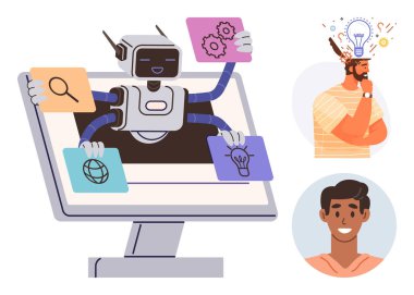 Yapay zeka, yenilik, beyin fırtınası, eğitim, dijital yardım, insan yaratıcılığı. Ekrandaki simgeleri yöneten robot, insanlar ampullerle fikir üretiyor. Yapay