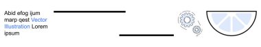 Business solutions, teamwork, technology, process flow, innovation, and analytics. Minimalist design gears and a semi-circular element. Business solutions and teamwork theme