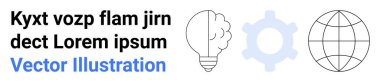 Yenilik, teknoloji entegrasyonu, küresel etki, bağlantı, yaratıcılık, yer tutucu tasarımı. Beyin ampulü ikonu, vites küresel küre ve metin. Yenilik ve teknoloji kavramları