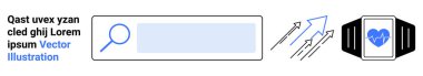 Dijital büyüme, çevrimiçi arama, sağlık izleme, teknoloji arayüzü, veri analizi, giyilebilir teknoloji. Arama çubuğunda büyüteç, ok ve kalp var. Dijital büyüme ve online