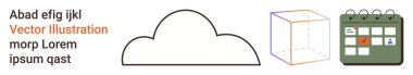 Bulut hesaplama, veri depolama, programlama, planlama, tasarım şablonları, simgeler. Minimalist bulut, küp çizgisi takvim simgesi işaretli ve örnek yer tutucu metin. Bulut hesaplama