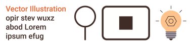 Yaratıcılık, yenilik, tasarım ilhamı, problem çözme, beyin fırtınası, analiz. Ampul, büyüteç ve kare grafik elementleri. Yaratıcılık ve yenilik kavramı