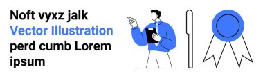 İş, eğitim, başarı, kurumsal eğitim, profesyonel rehberlik, başarı. Bir pano tutan ve işaret eden bir erkek figürü, metin yanında ödül kurdelesi. İş ve başarı kavramı