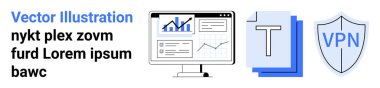 Veri analizi, siber güvenlik, uzaktan kumanda, gizlilik araçları, bulut depolama, dijital güvenlik. Grafik, metin dosyaları ve VPN etiketli bir kalkan içeren bilgisayar ekranı. Veri analizi ve siber güvenlik kavramı
