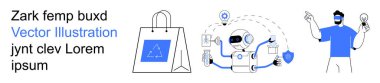 Yapay zeka, robot bilimi, yenilik, sürdürülebilirlik, e-ticaret, çevre dostu uygulamalar. Robot ikonlarla etkileşime giriyor, alışveriş torbacısı ile ampulü geri dönüştürüyor. Yapay zeka