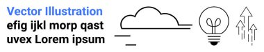 Yenilik, büyüme, teknoloji, fikirler, yaratıcılık, ilerleme. Minimalist çizimler arasında bir bulut, ampul ve yukarı bakan oklar vardır. Temiz tasarım elementlerine sahip yenilik ve büyüme kavramı