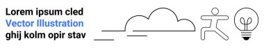 Yaratıcılık, ilerleme, yenilik, problem çözme, beyin fırtınası, kişisel gelişim. Bulutun minimalist iyonu, çalışan bir figür ve bir ampul. Yaratıcılık ve ilerleme kavramı
