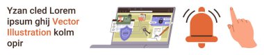 Siber güvenlik, çevrimiçi koruma, veri gizliliği, dijital alarm, bilgisayar güvenliği, internet güvenliği. Güvenlik simgeleriyle dizüstü bilgisayar ekranı, bir uyarı zili ve bir el hareketi. Siber Güvenlik