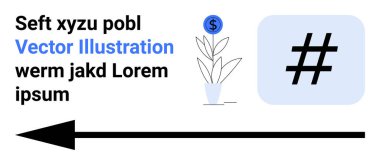 Dolar madeni parasıyla saksı bitkisi, yuvarlak kare şeklinde meta veri etiketi ve büyümeyi, pazarlamayı, sosyal eğilimleri ve finansal stratejileri sembolize eden kalın bir ok. İş, ekonomi ve teknoloji için ideal