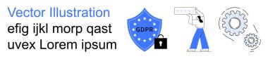 Veri gizliliği, siber güvenlik, GDPR uyumu, dijital politikalar, veri koruması, güvenli yapılandırma. GDPR etiketli bir kalkan, kilit vites simgeleri belge taraması. GDPR uyumu ve verileri