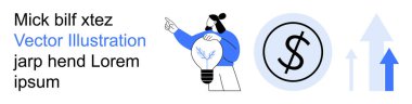 İş büyümesi, finansal planlama, fikir üretimi, yenilik, ekonomik başarı, strateji. Ampul tutan kişi, dolar sembolü yukarı doğru oklar. İş büyümesi ve mali planlama kavramı