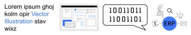 Veri yönetimi, girişim yazılımı, ERP sistemleri, kodlama, dijital arayüz, ikili görselleştirme. Çeşitli elementler ikili kodu, ERP simgesini ve kullanıcı arayüzü iyonunu onaylar. Veri yönetimi