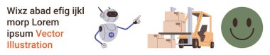 Teknoloji, robot bilimi, lojistik, teslimat, depo işlemleri, modern otomasyon. Robotlar işaret ediyor, forklift taşıyor ve yeşil bir surat taşıyor. Teknoloji ve robot bilimi otomasyonla vurgulandı