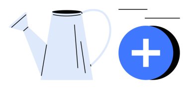 Bahçe işleri konsepti. Bahçe sulama kutusu ve artı işareti büyüme ve beslenme. Bahçıvanlık bitkilerin bakımını, gelişimini ve yaratıcılığını arttırır. Ekoloji, sürdürülebilirlik, bahçıvanlık için