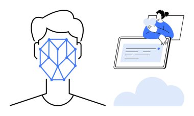 Yüz tanıma konsepti. Modern uygulamalarda kimlik doğrulama ve veri güvenliği için yüz tanıma teknolojisi. Bulut sistemlerinde yüz tanımayı ve güvenli dijital aygıtları araştır