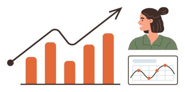 İş stratejisi, veri analizi, finansal büyüme, profesyonel kalkınma, piyasa eğilimleri, performans anlayışları. Yükselen eğilimli bar tablosu, kadın gözlemleme grafiği. İş stratejisi ve verileri