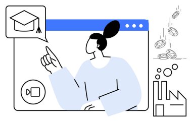 E-öğrenme, finansal okur yazarlık, çevrimiçi işbirliği, eğitim araçları, dijital ekonomi, profesyonel büyüme. Mezuniyet şapkası ve endüstriyel simgelerle web arayüzü içinde bir kadın. E-öğrenim ve mali