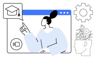 Mezuniyet ikonu, video konferans araçları, beyin büyümesi ve yaratıcılık gösteren sanal ekran ile etkileşime giren bir kadın. Eğitim, yenilik, e-öğrenme, kişisel gelişim ve teknoloji için ideal