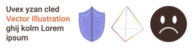 Güvenlik, geometri, duygular, koruma, soyut, yer tutucu. Bir kalkan ikonu, geometrik prizma ve üzgün bir yüz. Güvenlik ve geometri kavramları vurgulandı