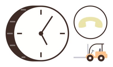 Zaman yönetimi, endüstriyel işlemler, lojistik, iletişim, verimlilik, iş akışı optimizasyonu. Saat, telefon ahizesi ve forklift. Zaman yönetimi ve endüstriyel işlemler