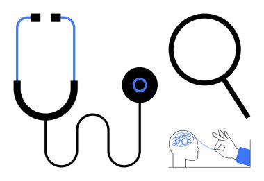 Stetoskop ve büyüteç insan beynini araştırıyor, tıbbi araştırmaları, akıl sağlığını, teşhisleri, yenilikleri, sağlık çözümlerini, bilim iletişimini ve eğitimi temsil ediyor. Basit.