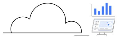 Bulut depolama, veri transferi, iş analizleri, uzaktan çalışma, bilişim altyapısı, dijital aletler. Verileri gösteren bir bulut simgesi, çubuk grafik ve monitör. Bulut depolama ve iş analizi iyonu