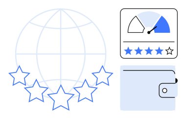 Küresel değerlendirme kavramı. Yıldız reytingleri, performans göstergesi ve cüzdan ikonu güveni, finansal güvenilirliği ve küresel geri bildirimi simgeler. Değerlendirmeler, finans, dijital platformlar için kullanılabilirlik ve güven için ideal